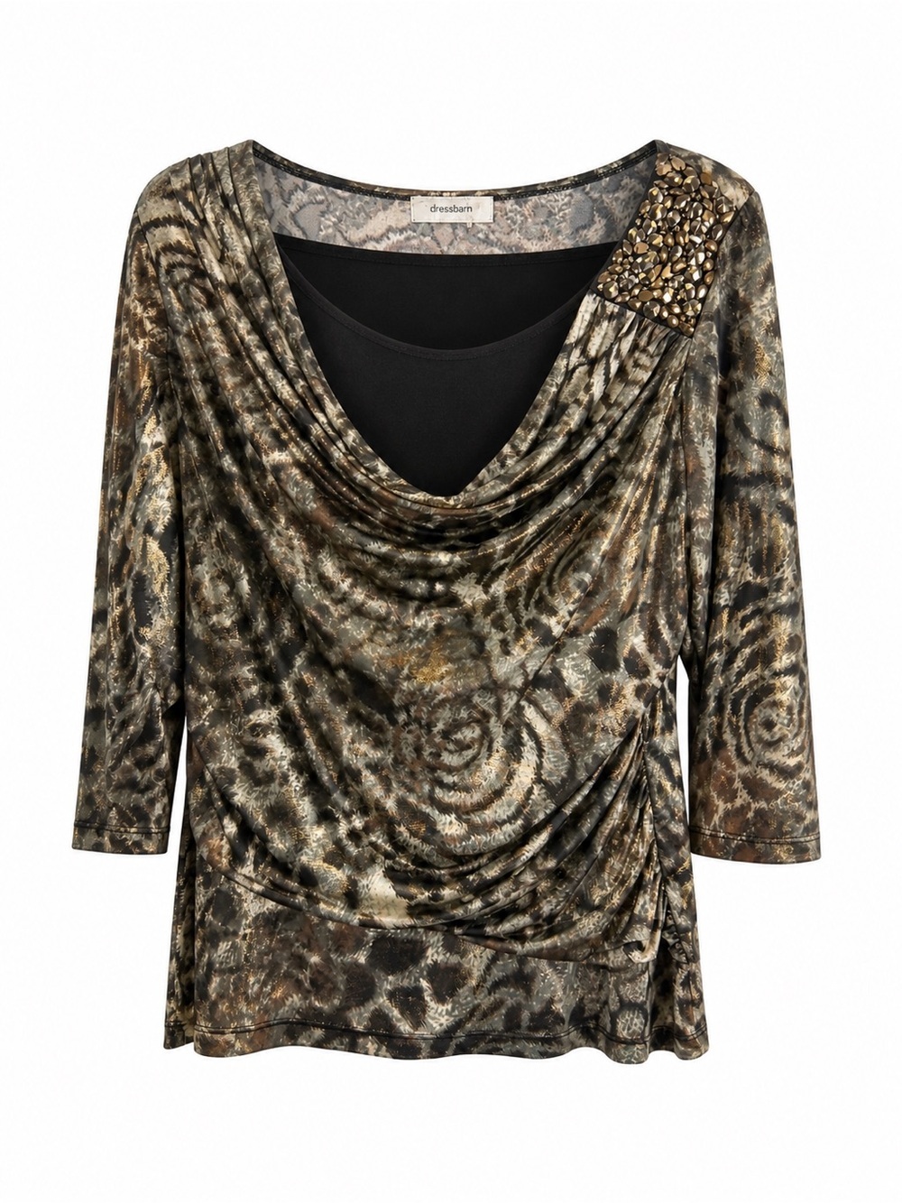 dressbarn Women's Cowl Neck Embellished Animal Print Top‎ - Black/Brown